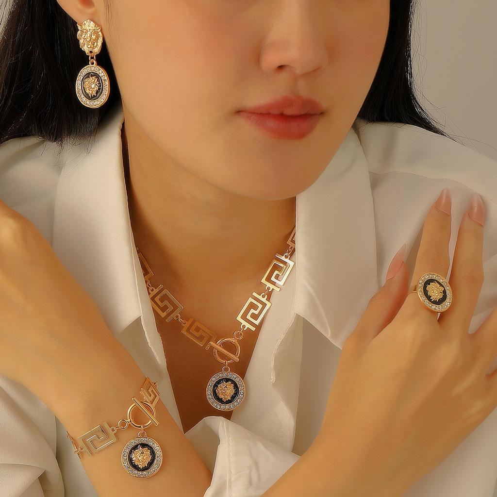 Gold Jewelry Set For Women, Necklaces Bracelet And Earrings With Cubic Zirconia Lion Pendant Luxurious Metallic Style Gift
