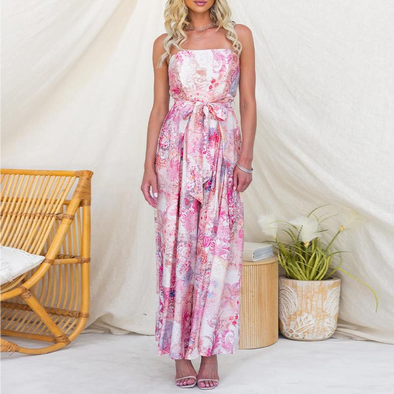 Spring new, fashionable and elegant contrasting color printed lace-up tube  dress S