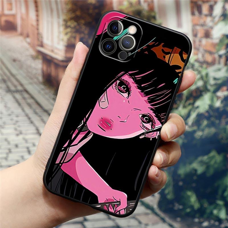 Super Cute Girl Anime Phone Case for iPhone14 13 12 11 PM Pro Max 8 7 SE XR XS Plus Black Soft Silicon Cover Fundas Coques Shell