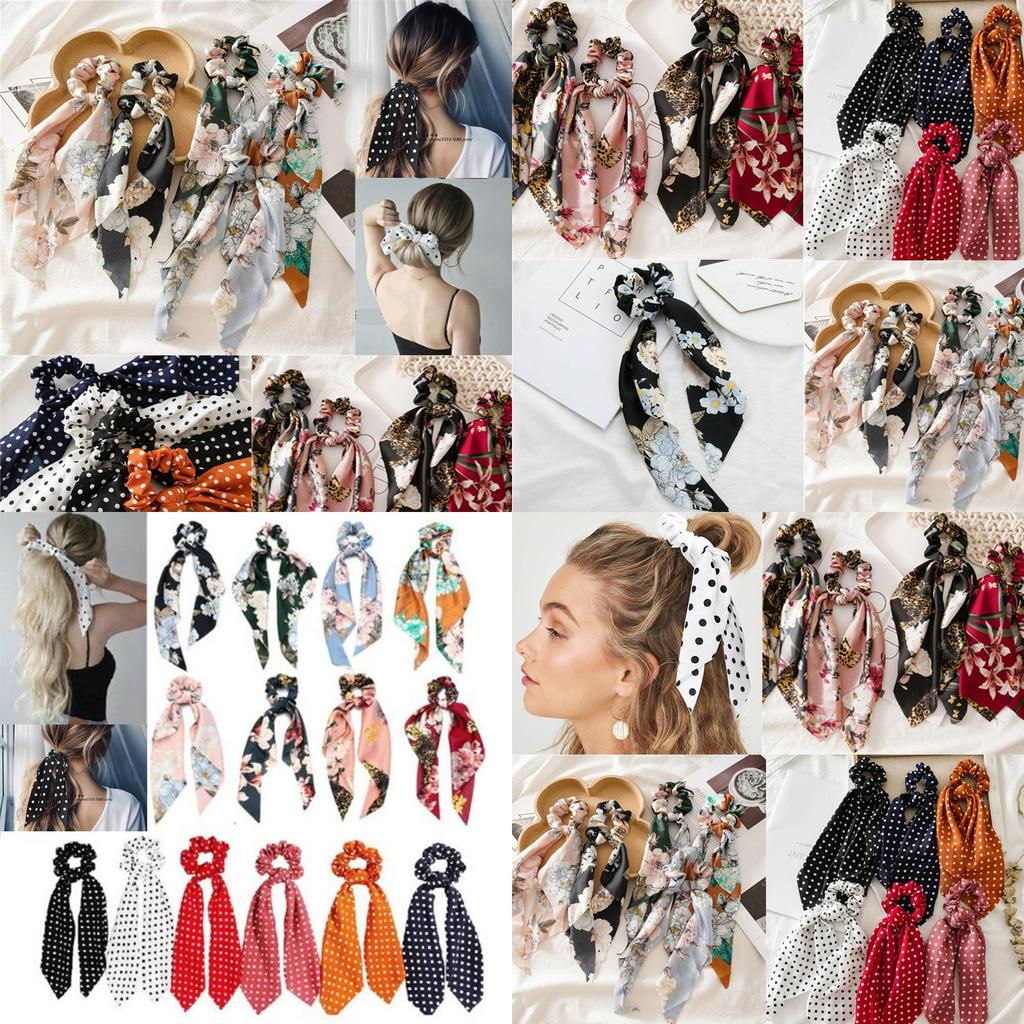 Elegant Floral Hair Bow Scrunchie Scarf With Boho Elastic Hairband And Ribbon Ties
