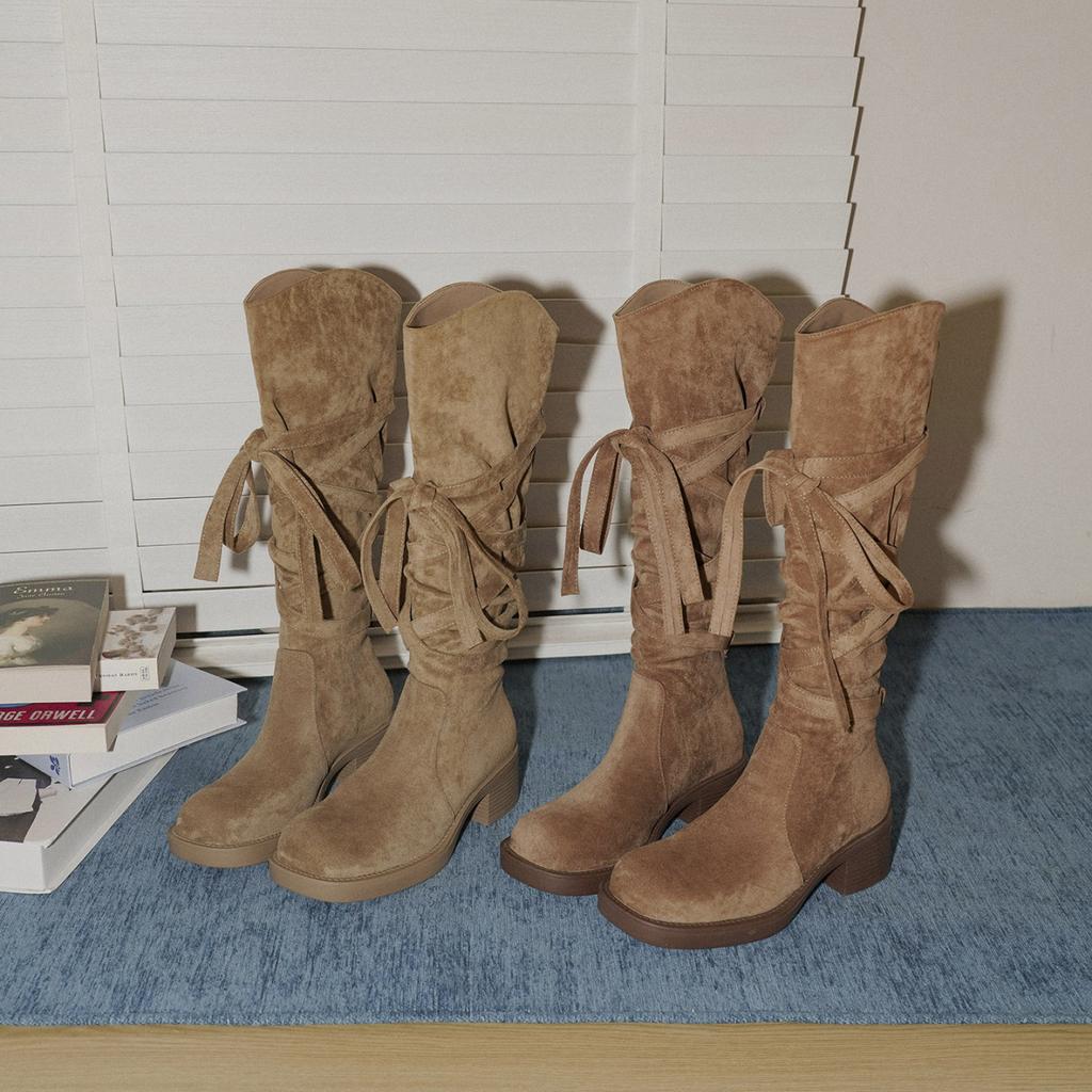 Soft leather French retro style strap medium and high knight boots for women 2025 new fashion inner height increase versatile boots for women