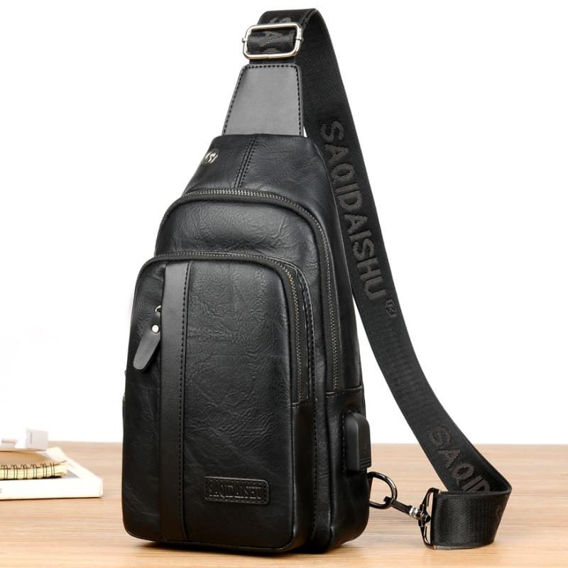 Men's Outdoor USB Chest Bag Crossbody Bag Retro PU Shoulder Bag