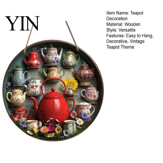Entryway Wall Ornament Wooden Vintage Teapot Decoration, Farmhouse Rustic Art, Tea Nostalgic Art Pot Theme Sculpture for Kitchen Coffee Corner Sign