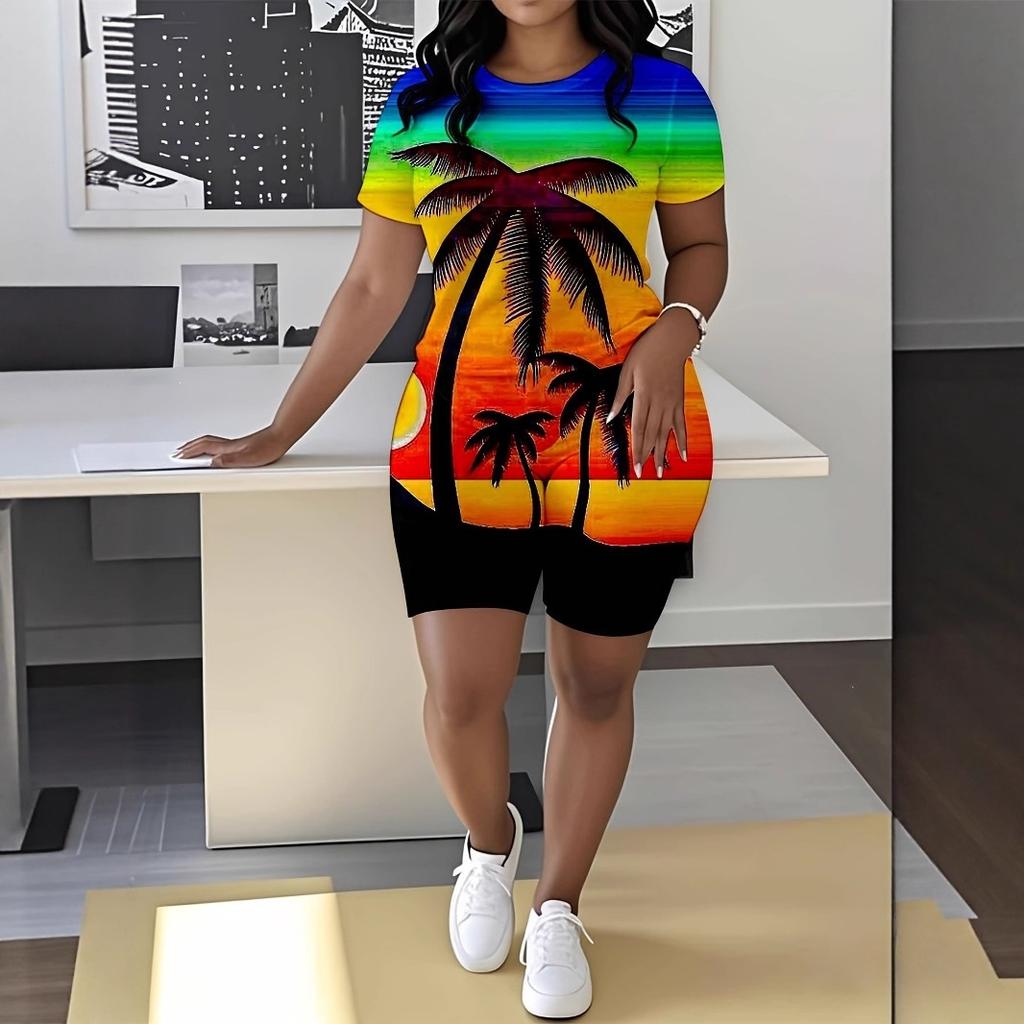 Butterfly European and American Women's Clothing Coconut Tree Printing T-Shirt Shorts Set Sports Suit