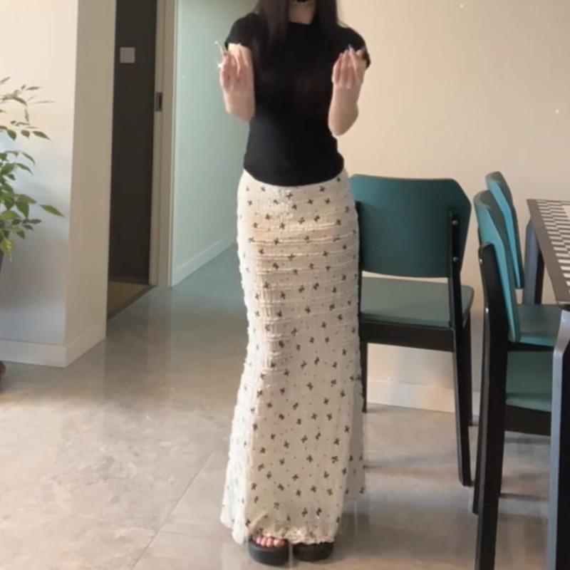 Women's White Floral Fishtail Midi Skirt - Korean-Style Hip-Hugging Design for 175-180 cm Tall Individuals