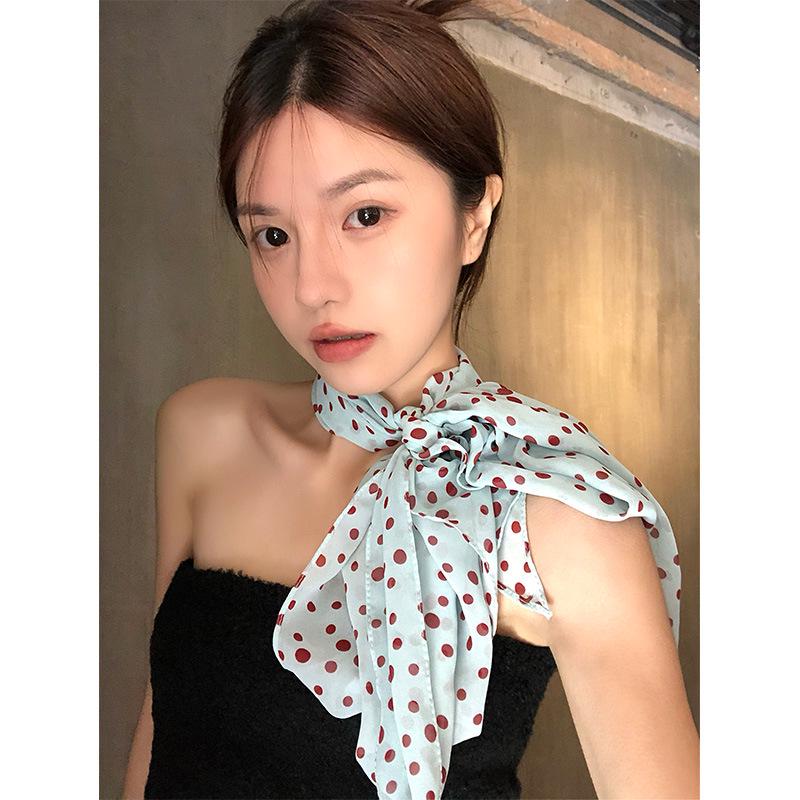 2025 New Women's Versatile French Polka Dot Silk Scarf: Spring/Summer Long Neck Tie & Headband