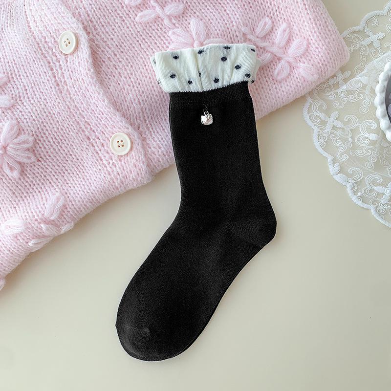 Female Spring and Autumn Sweet Cartoon Cat Pendant Collision Color Polka Dot Bubble Mouth College Wind Tube Pile Socks