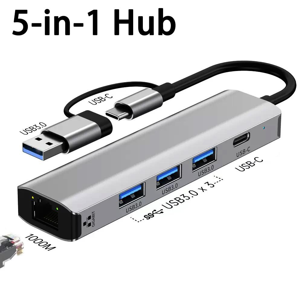 5-in-1 USB-A3.0 Docking Station USB-C Data Transmission Cable Adapter Ethernet Rj45 Gigabit Network Card Type-C Hub for Laptops