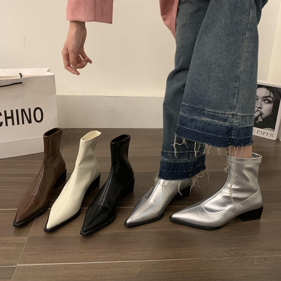 French Fashion Thick Heel Short Boots Women's Shoes 2025 New Spring and Autumn Single Boots Pointed Silver Temperament Thin Boots