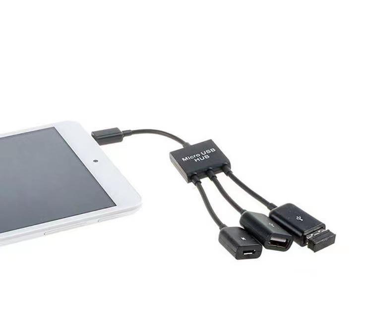 Micro USB OTG Hub Expansion Dock: One-to-Three Splitter with Power Supply for Mobile and Tablet.