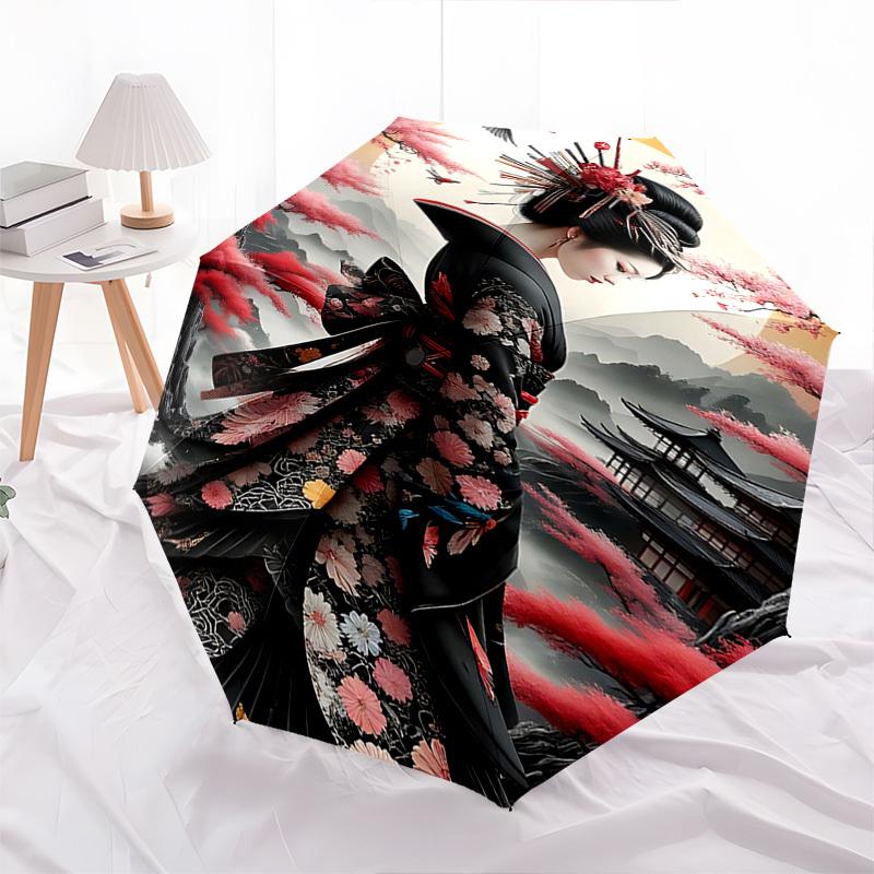 Geisha. Cherry Blossom Themed Automatic Opening and Closing Umbrella, Brightly Colored 8 rib Portable Umbrella, Suitable for Men and Women,