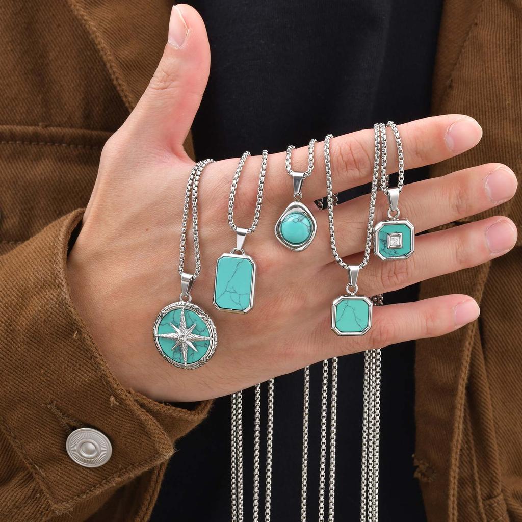 Blue Natural Stone Necklace for Men Boys,Waterproof Turquoise Square Pendant Necklace,Birthday Father Jewelry Gift