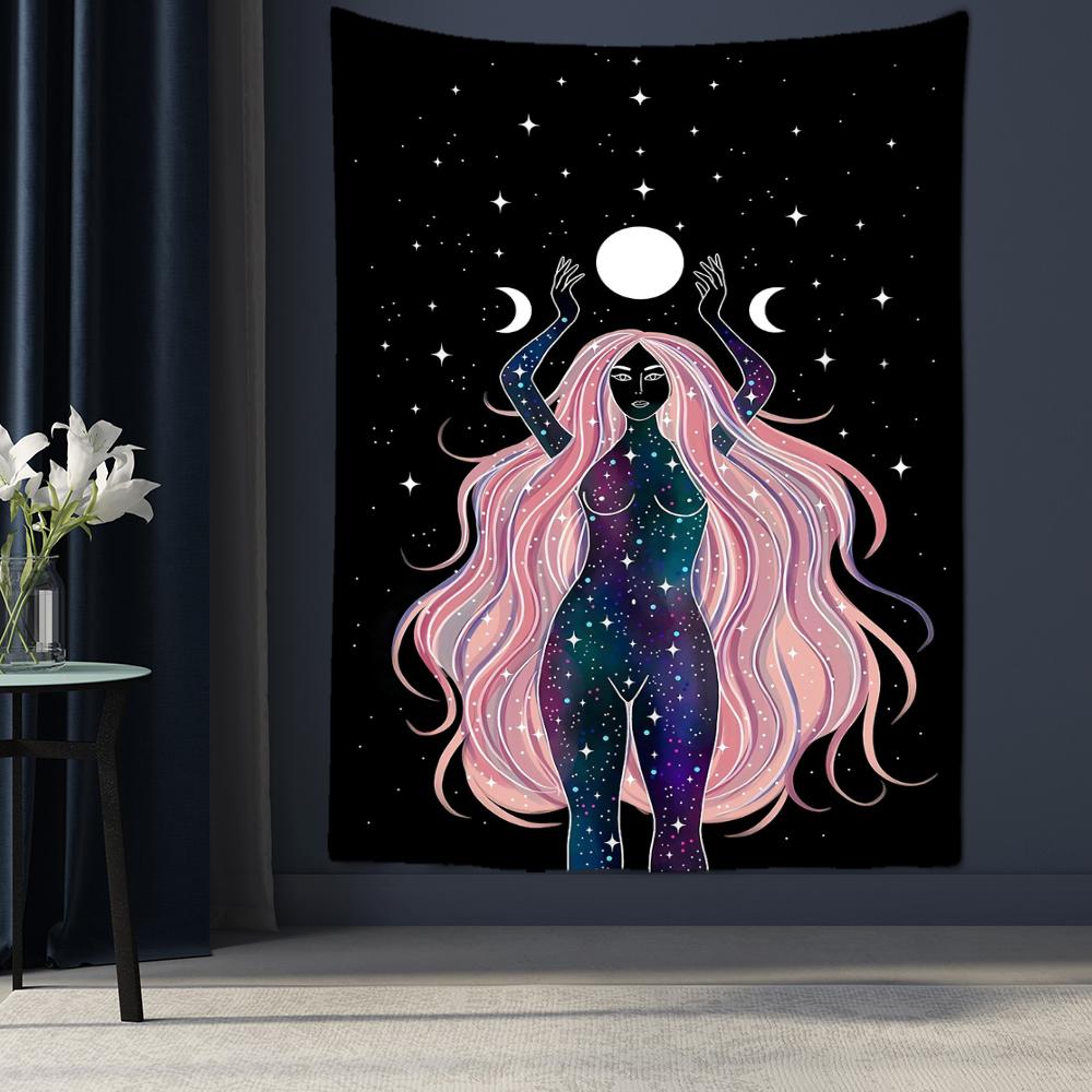 Arazzo da parete con ragazza indiana con fase lunare, stile bohémien, hippie, stregoneria, tarocchi, mandala, decorazione per la casa