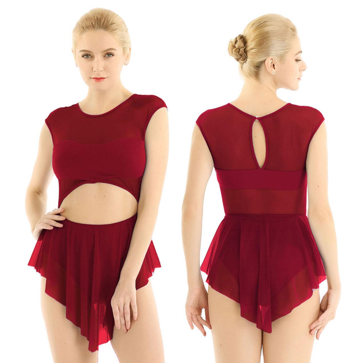 Женское платье без рукавов для взрослых, асимметричное сетчатое лирическое современное танцевальное платье, гимнастическое балетное танцевальное платье L бордовый