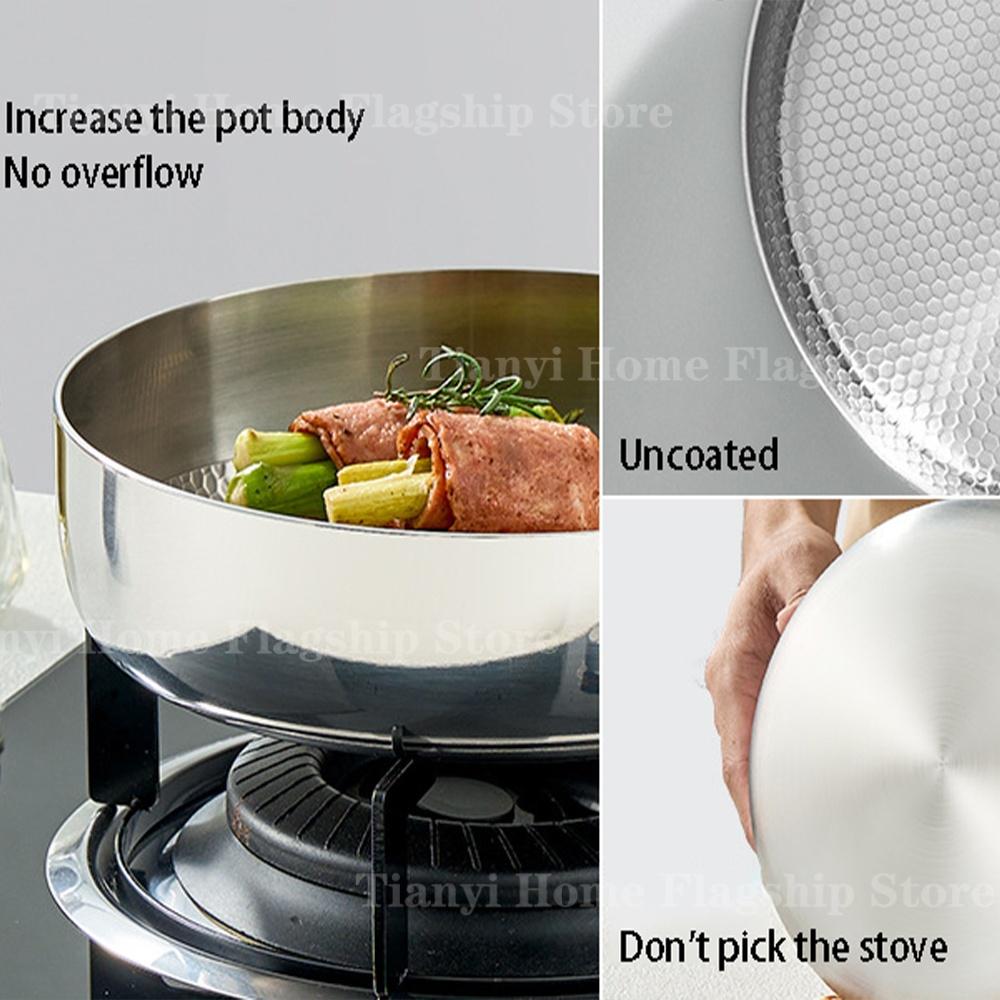 304 Stainless Steel Frying Pan Wok Non-stick Household Cooking Pot Egg Fried Steak Gas Stove Induction Saucepan Kitchen Cookware