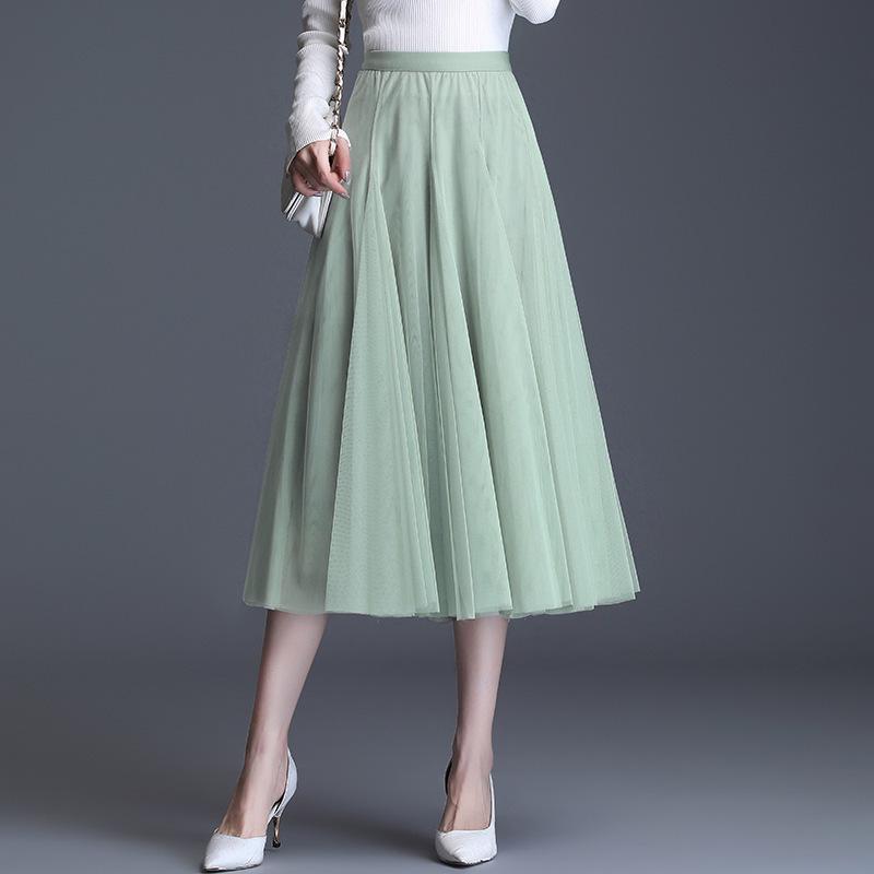 2025 High-Waist A-Line Mesh Skirt: Three-Layer Pleated Fairy Skirt for Spring & Autumn