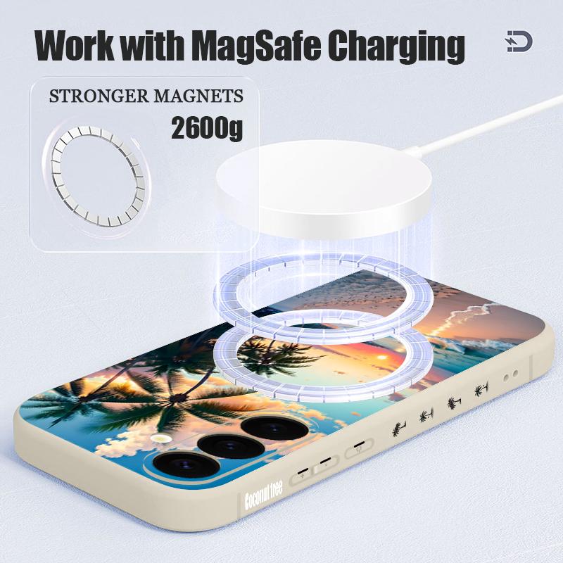 Seaside Coconut Print Case For Samsung Galaxy S26 Ultra S25 FE S24 S23 S22 Plus S21 FE Built-in Metal Plate Magnetic Silicone Cover