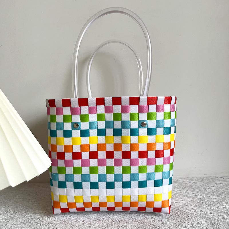 Children's Rainbow Plaid Woven Handbag - DIY Summer Bag for Vegetables & Fruits