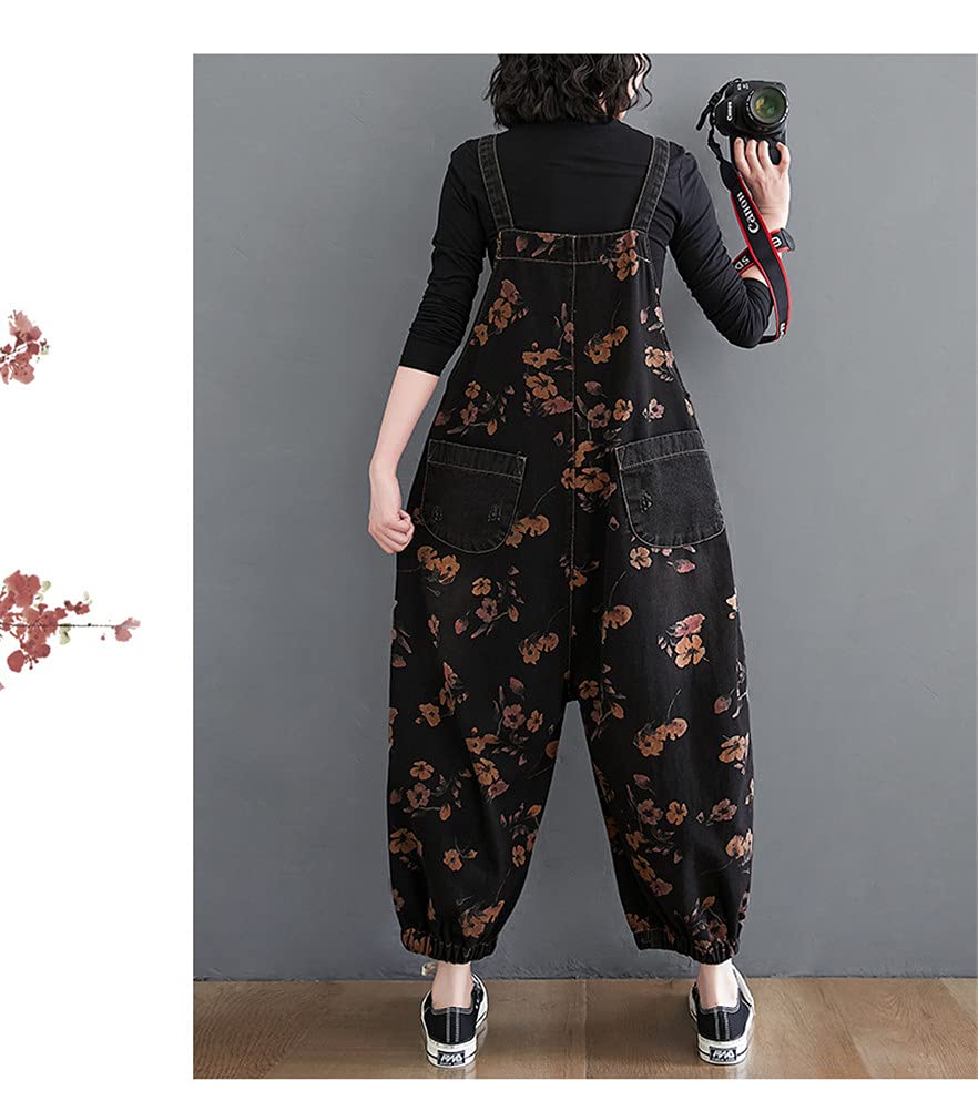 Mouhoukyo Denim Loose Floral Print Jeans Fits All Spring and Sizes Women's Overalls, Casual, Fit, Overalls, Autumn, M-2XL (Color shown, M)