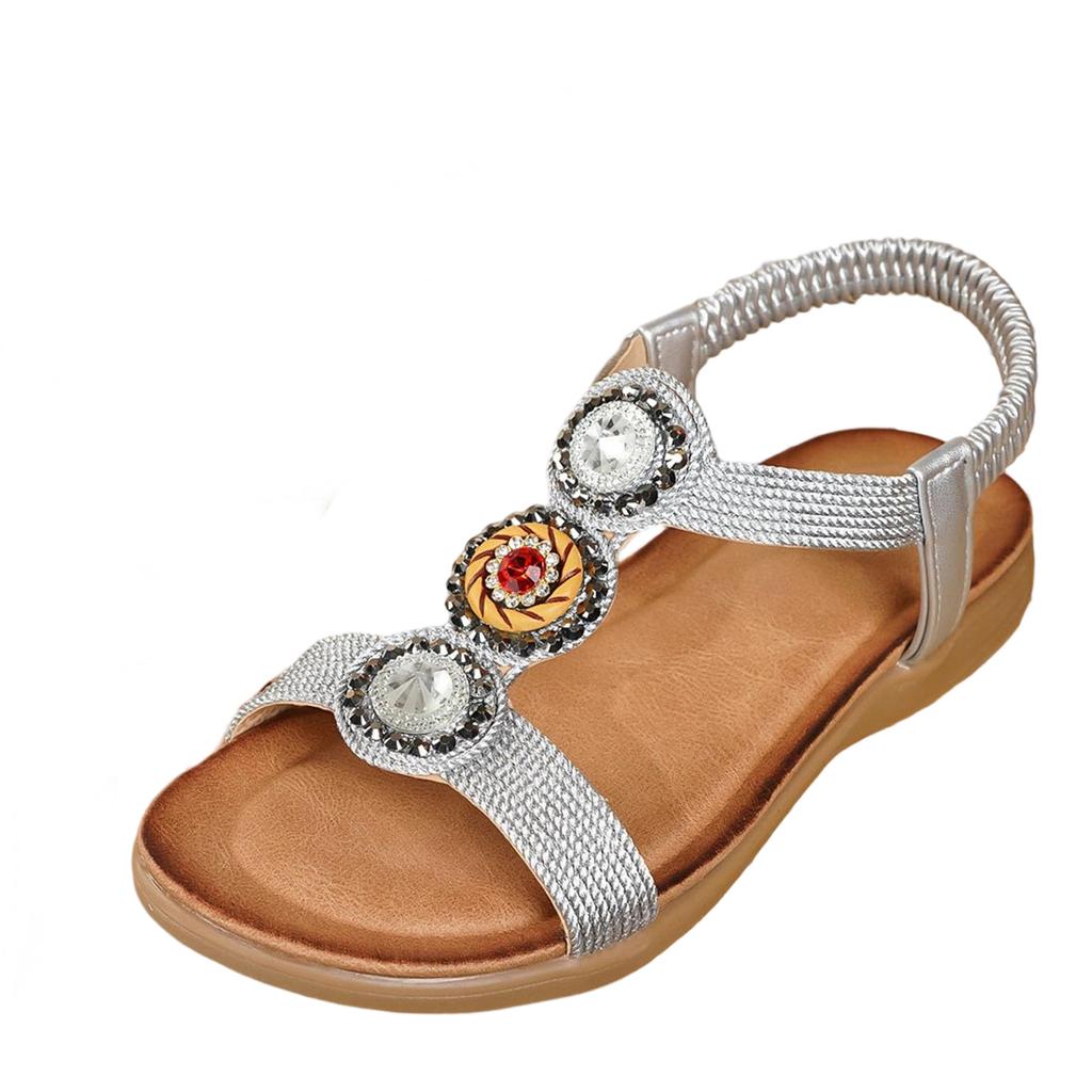 Sandali da Spiaggia Comodi con Suola Spessa, Decorati con Strass, Stile Bohemien, con Cinturino Elastico Posteriore, Slip-On, Calzature Estive per Donna