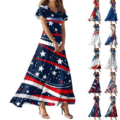 Women's Summer Casual Fashion Independence Day Printed Dresses V-Neck Short Sleeve Dresses