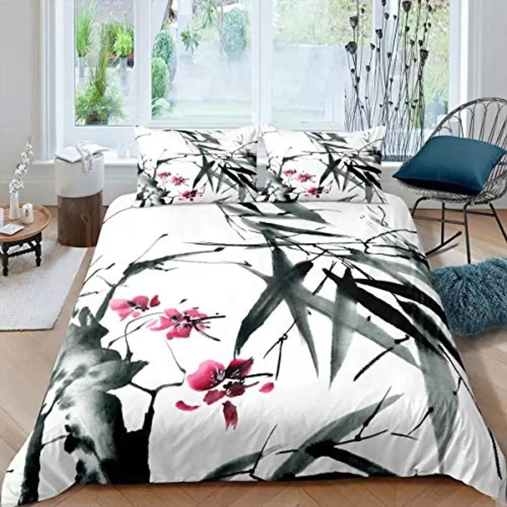 Red Plum Blossom King Queen Duvet Cover Ink Landscape Painting Bedding Set Chinese Style Quilt Cover Polyester Comforter Cover