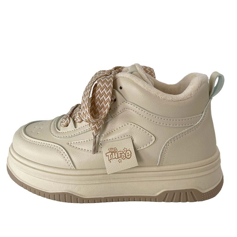 

B1628 winter velvet high-top little white shoes women s shoes warm 2024 new versatile round head platform cotton shoes board shoes 35 бежевый