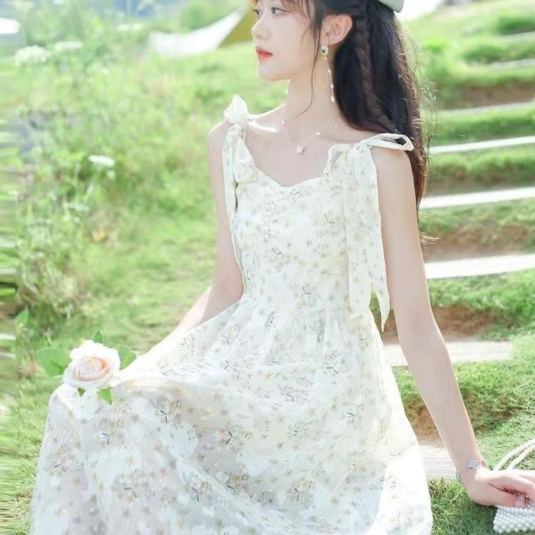2026 Summer Fairy Floral Lace-up Bowknot A-line Camisole Dress