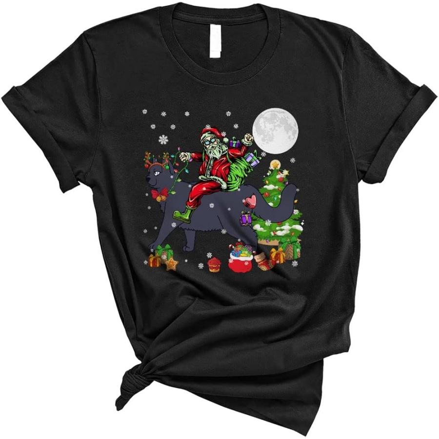 Santa Riding Reindeer British Shorthair Cat Funny Cute Christmas Tree Xmas Lights Santa Cat Lover Unisex T-Shirt S