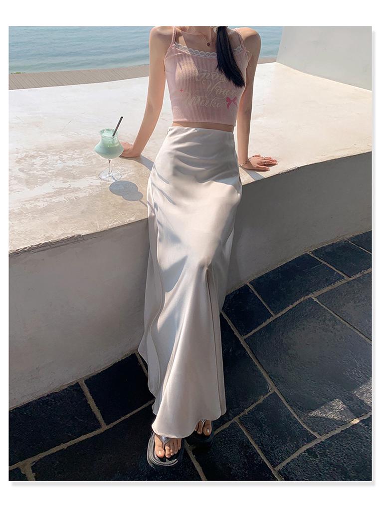 Hedvábná sukně A-linie slim-fit: Nový letní styl s vysokým pasem, všestranný, zvýrazňující temperament.