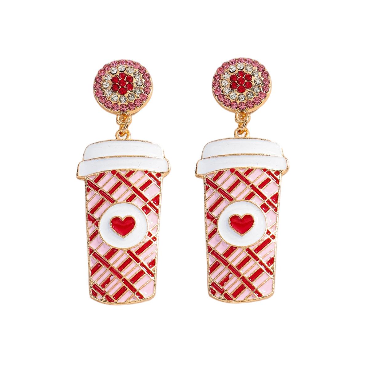 

European and American Valentine s Day Love Milk Tea Cup Enamel Diamond Earrings Fashion Daily Plaid Sweet Earrings Ladies