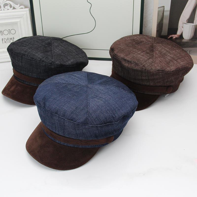 Retro denim splicing navy hat women's autumn and winter suede brim newsboy hat British versatile octagonal flat top hat shows small face