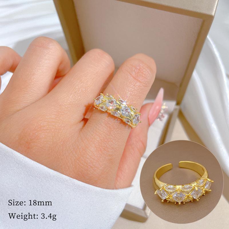 Real Gold Square Full Zirconium Wedding Ring Ring Opening Adjustable Simple Jewelry Japanese Ring Couple Ring