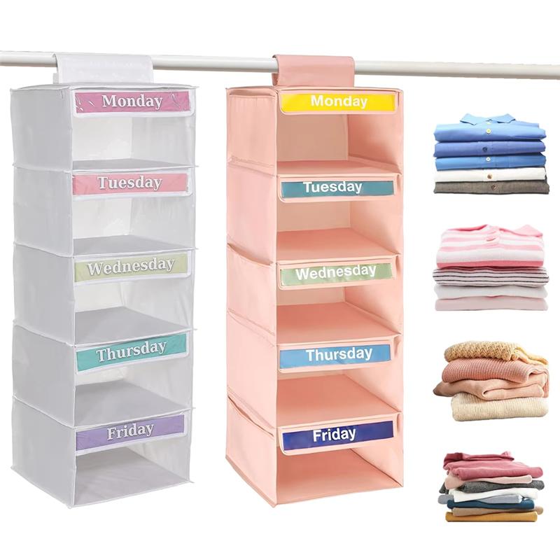 Good-Weekly Clothes Organizer With 5-Shelf Design 5 Side Pockets Hanging Closet Storage Shelves With Day Labels D