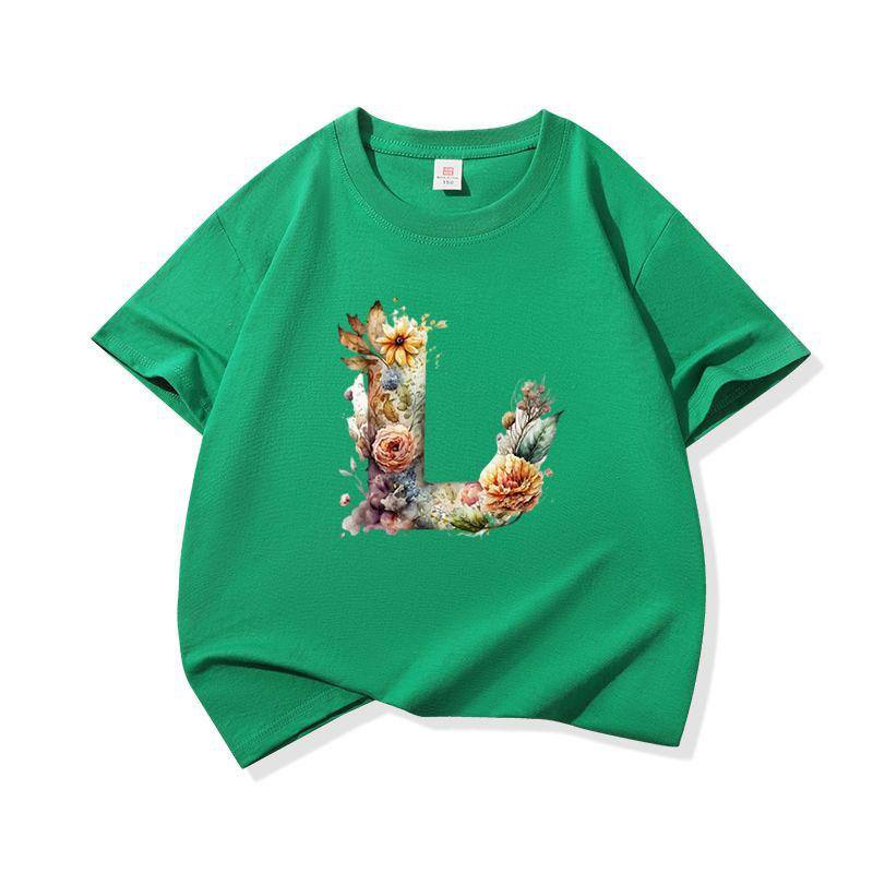 Kids Cotton T Shirt Floral Letter L Print Crew Neck Short Sleeve Tee Casual Boys Girls Summer Tops