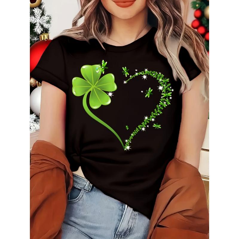 

Clover printed heart-shaped pattern slim fit round neck T-shirt - available in small and large sizes for spring and summer women s tops XL