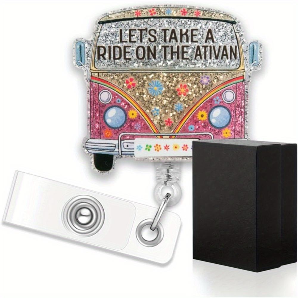 

Let s Ride Pink Bus Badge Reel Gift Set. Silver glitter retractable clip for nurses & doctors. прозрачный