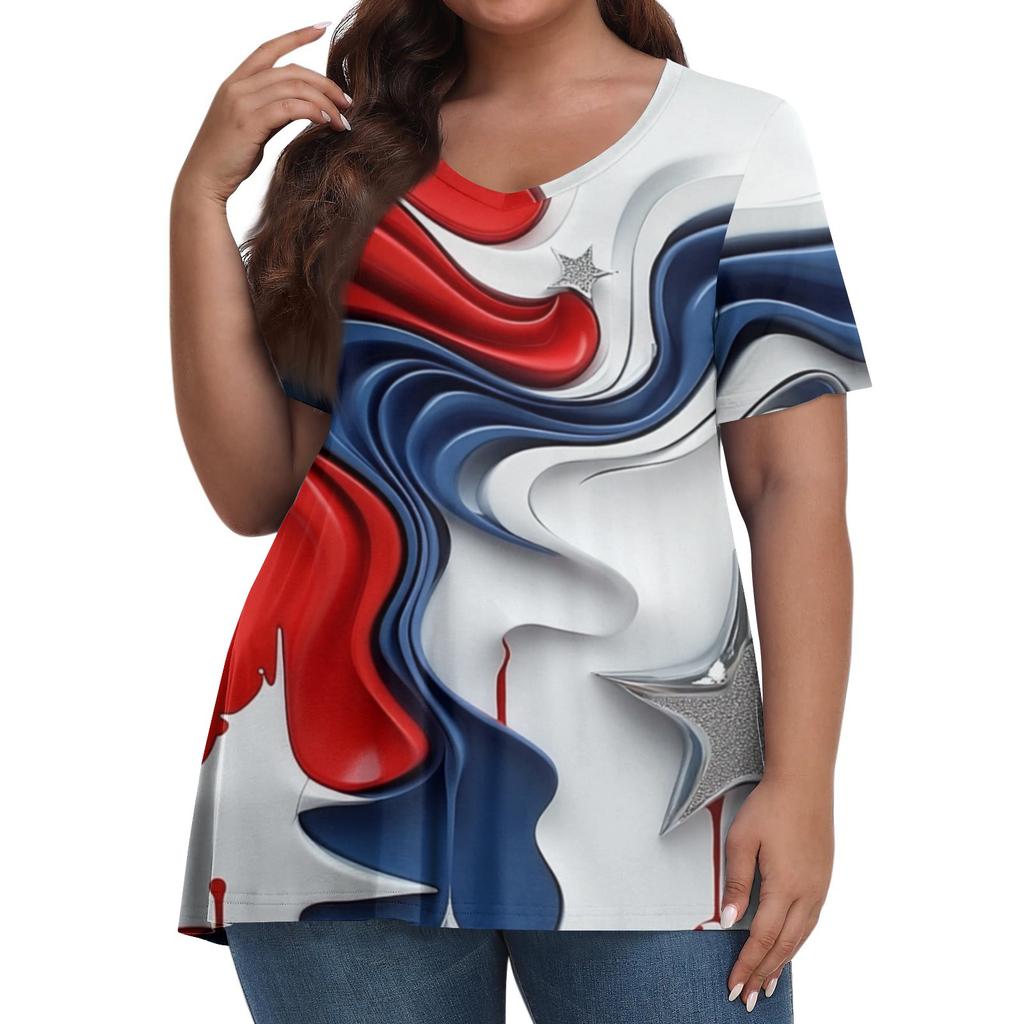 Women's Fashion Casual V-Neck Pullover Short Sleeve Large Size Independence Day Printed T-Shirt Top