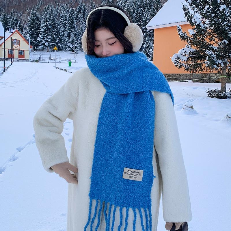 Blue High-end Soft Waxy Camel Wool Knitted Scarf Women's Winter Wool Warm Neck Protection Scarf Thickened and Versatile