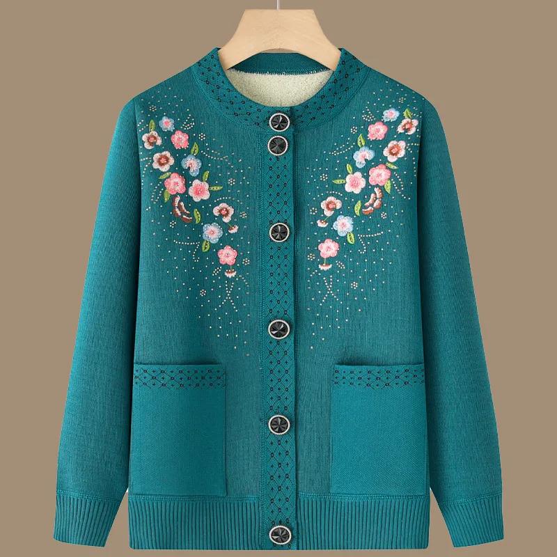 Jachetă Cardigan Tricotată din Fleece de Catifea pentru Femei, Mame de Vârstă Mijlocie și Vârstnice, Toamnă Iarnă, Pulover Gros, Top, Jachetă Caldă Largă