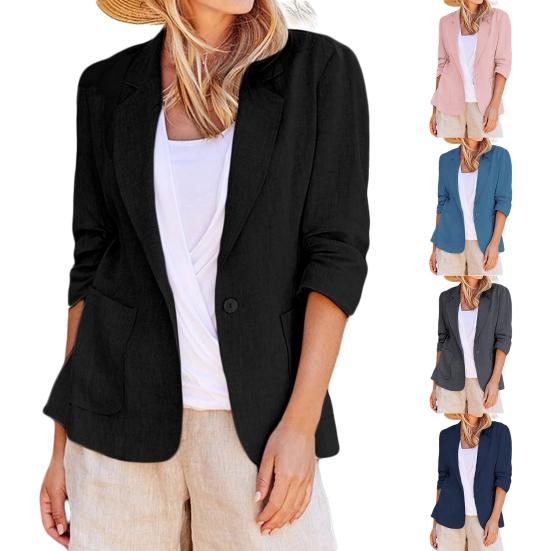 Women Blazer Solid Color Loose Single Button Cardigan Lapel Three Quarter Sleeve OL Business Commuting Style Pockets Lady Suit Coat