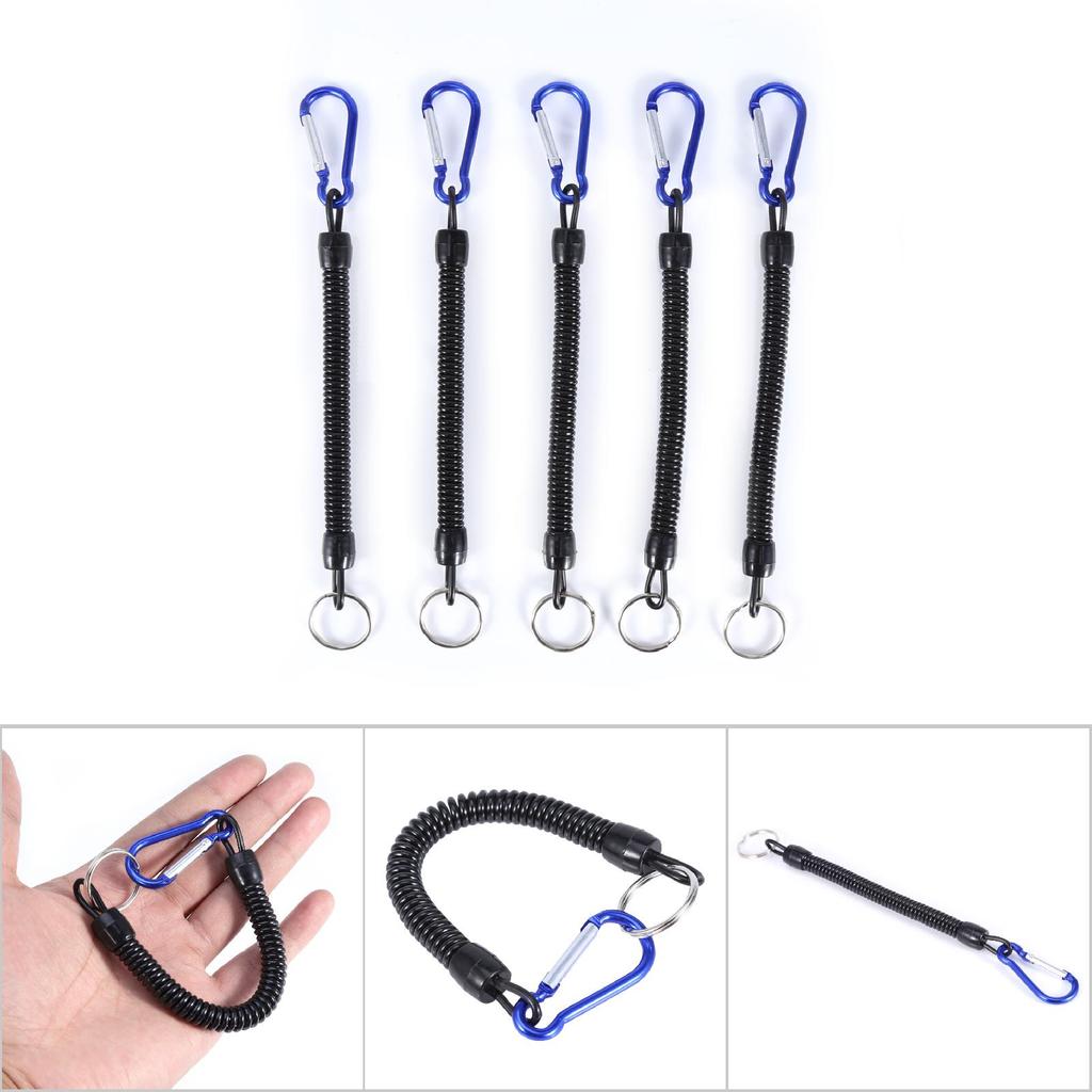 5Pcs Elastic Fishing Rope Boating Lanyards With Camping Carabiner Buckle Secure Lock Blue