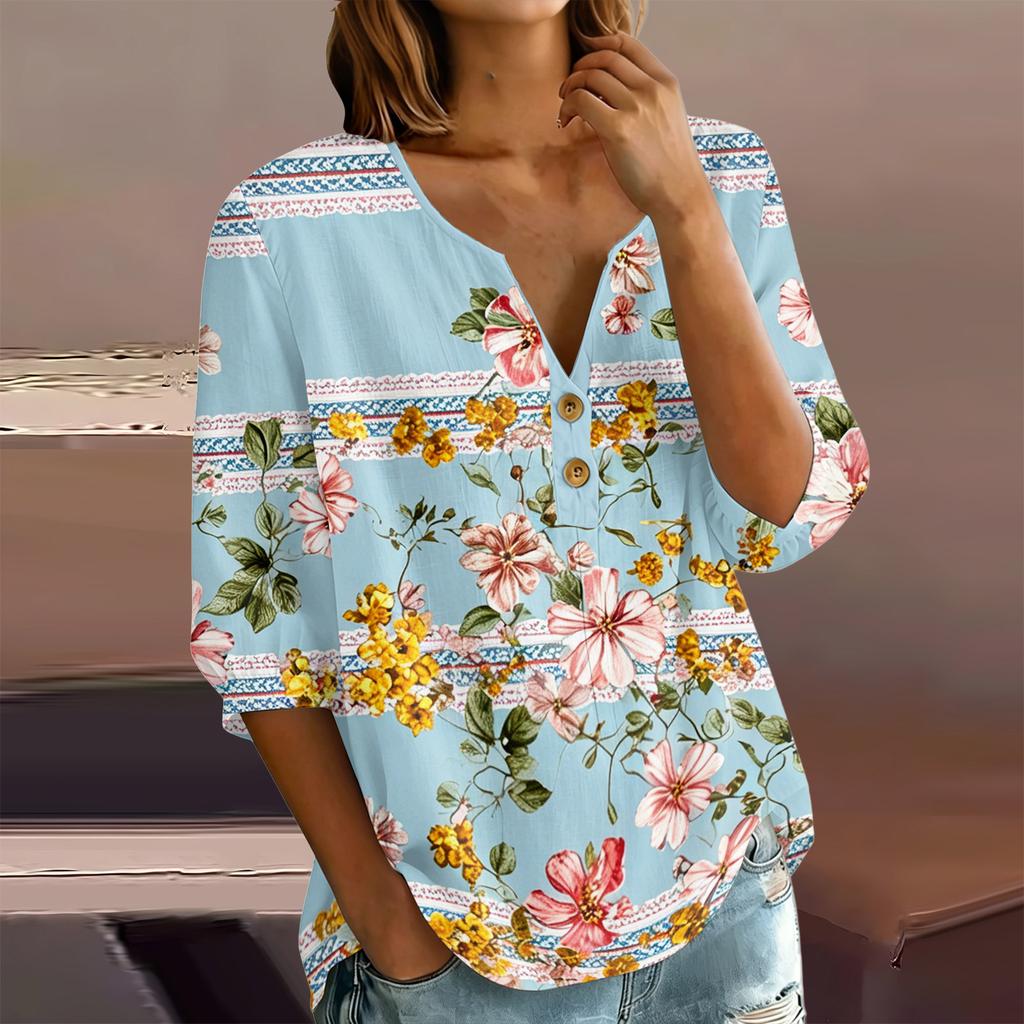 Women Floral Print Henley Button Neck Shirt Three Quarter Sleeve Cotton Linen Blouse Casual Loose Fit Top