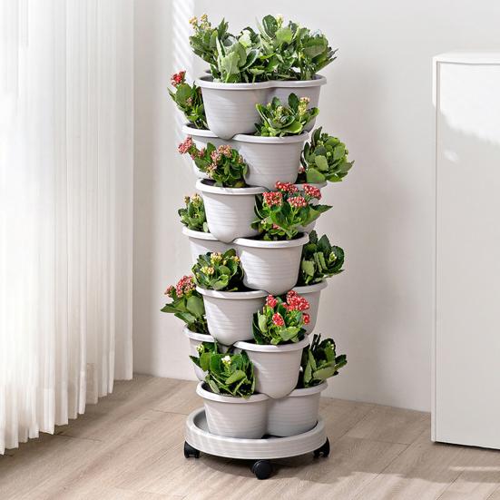 Stackable Flower Pot Vertical Garden Planter with Water Drainage Multi-tier Planter Tray with Wheels for Growing Vegetables And Succulents
