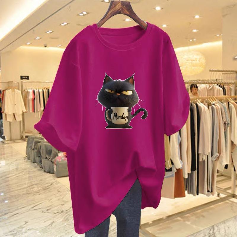 Cartoon Cat Graphic Breathable Round Neck Short Sleeve Women's Casual T-Shirt