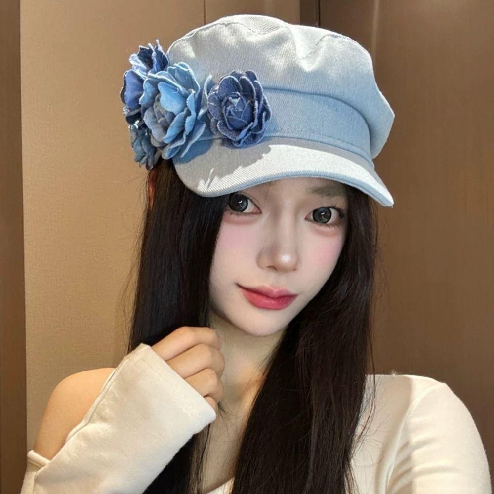 Adjustable Denim Camellia Beret Hat Artistic Painter Caps Vintage Flower Flat Top Hat  Lady