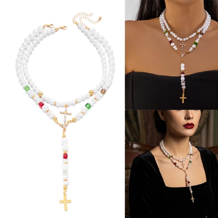 Collana con Perle Finte e Croci in Lega, Delicata sulla Pelle, Stile Retrò Francese, Catena Regolabile per l'Uso Quotidiano
