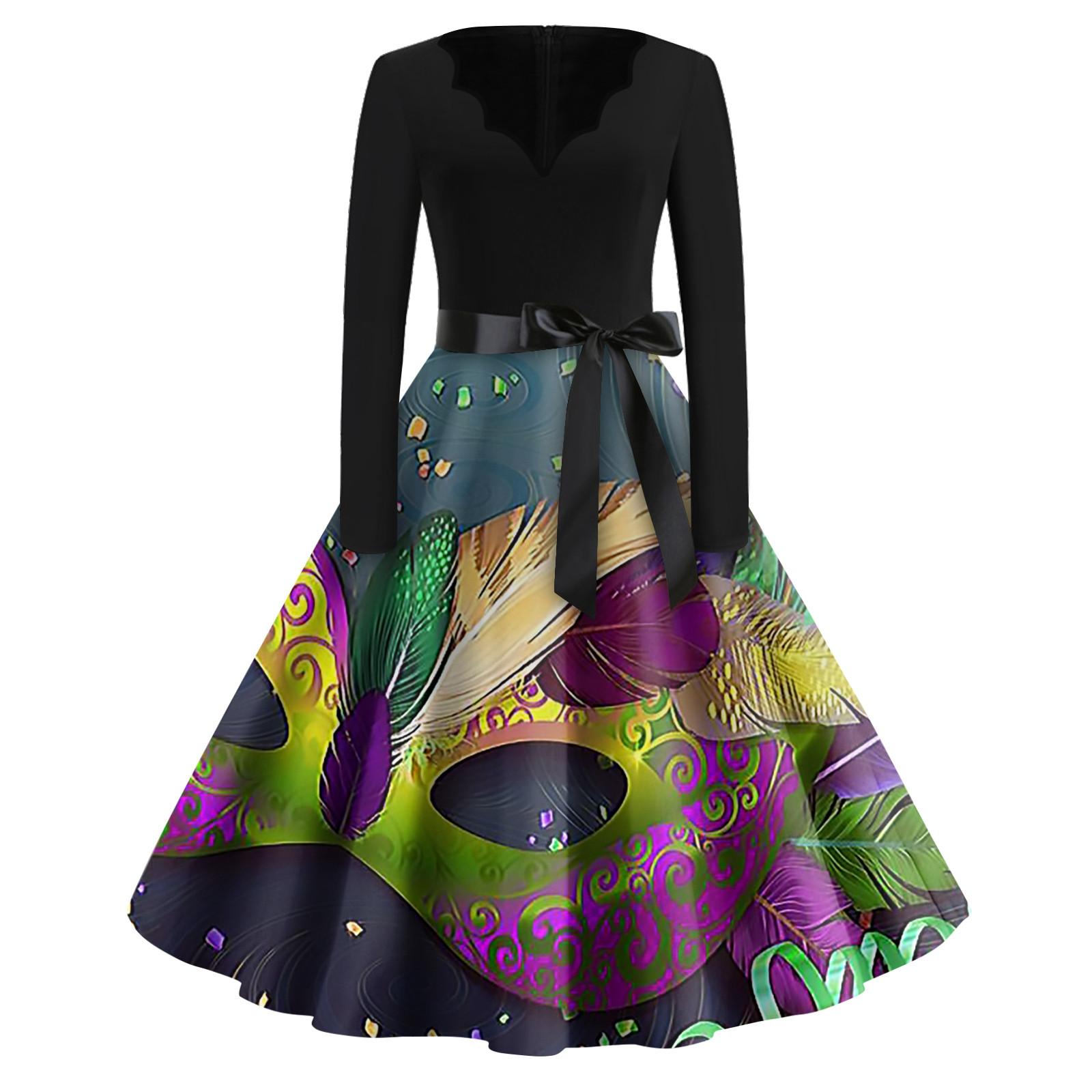 

Женская мода с v-образным вырезом, повседневные тонкие платья Mardi Gra с длинными рукавами и принтом XL зелёный