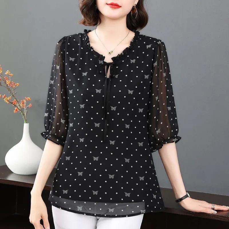Women S Plus Size Chiffon Blouse Tie Neck Printed Summer Loose Fit Top XL