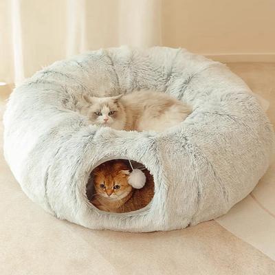 2 In 1 Soft Plush Cat Beds House Funny Cat Tunnel Toy Round Cat Dog Sleeping Bed Nest for Small Dogs Kittens Cushion Mat Kennel
